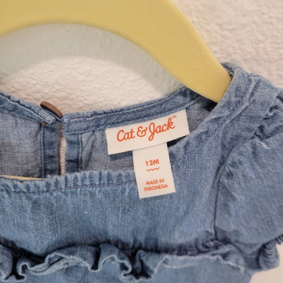 Cat & Jack Baby Girl Denim Puff Sleeve Top Ruffle 12M - Picture 2 of 3